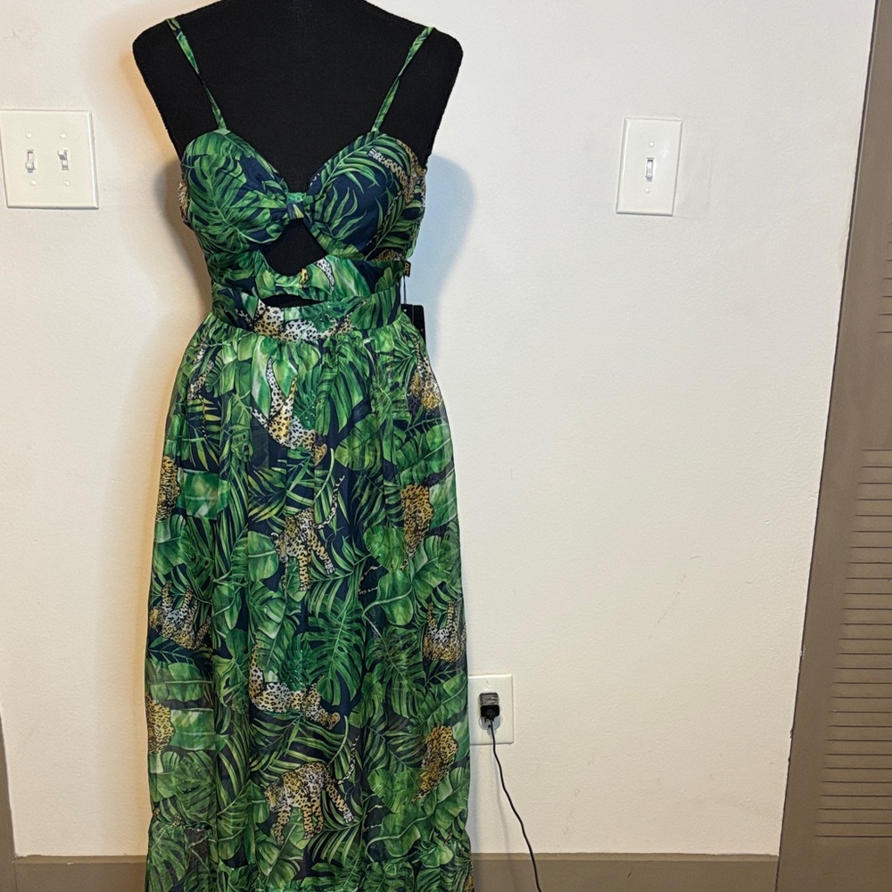 Tropical Green Leaf Print Maxi Dress